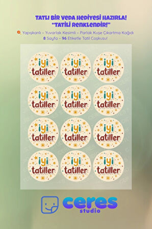 İyi Tatiller Sticker Seti İ1- 96 Adet Yuvarlak Etiket | Yapışkanlı, Parlak Kuşe Çıkartma Kağıdı