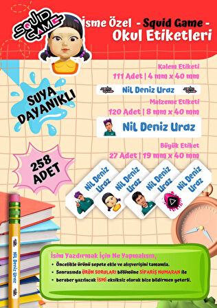 Squid Game Temalı Kişiye Özel Suya Dayanıklı Okul Etiketi Seti - 258 Adet İsimli Etiket
