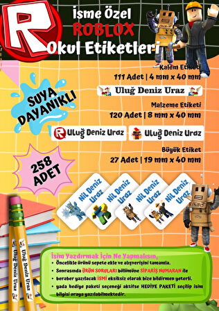 Roblox Temalı Kişiye Özel Suya Dayanıklı Okul Etiketi Seti – 258 Adet İsimli Çıkartma