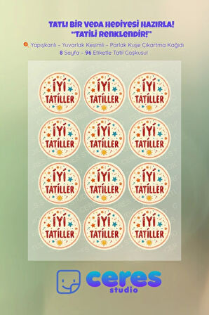 İyi Tatiller Sticker Seti İ4 - 96 Adet Yuvarlak Etiket | Yapışkanlı, Parlak Kuşe Çıkartma Kağıdı
