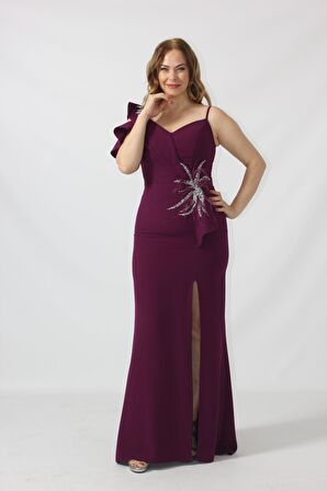 21927 Mürdüm Omuzu İki Katlı Beli Taş İşlemeli Kadın Büyük Beden Abiye Elbise