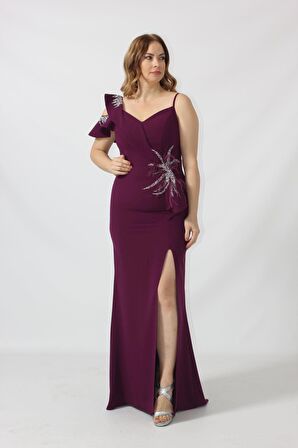 21927 Mürdüm Omuzu İki Katlı Beli Taş İşlemeli Kadın Büyük Beden Abiye Elbise