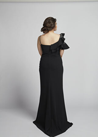 21927 Siyah Omuzu İki Katlı Beli Taş İşlemeli Kadın Büyük Beden Abiye Elbise