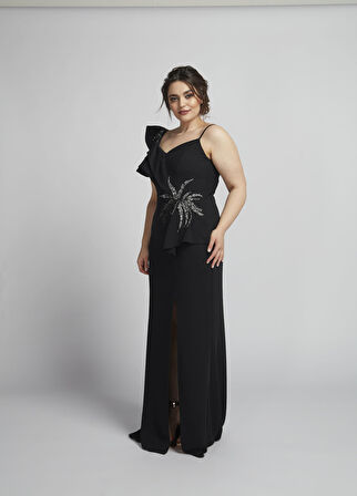 21927 Siyah Omuzu İki Katlı Beli Taş İşlemeli Kadın Büyük Beden Abiye Elbise