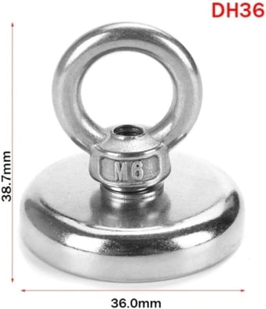 Dünya Magnet Güçlü Halkalı Neodyum Pot Mıknatıs - 36Mm Çap - Kanca Kurtarma Mıknatısı Fishing Magnet + 25 M Halat