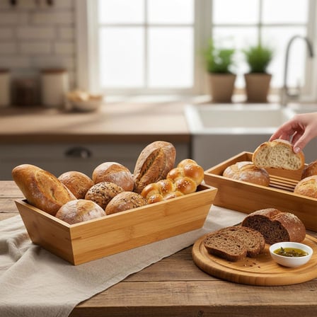Bambu Ekmek Sepeti ve Sunumluk (33x15x7 cm) | Doğal Ahşap Modern Meyve, Sebze ve Servis Sepeti | Antibakteriyel ve Şık Tezgah Üstü Düzenleyici