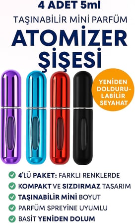Kyrotech 4 Adet Taşınabilir Mini Parfüm Atomizer Şişesi – 5 ML Yeniden Doldurulabilir Seyahat Parfüm Spreyi, Kompakt ve Sızdırmaz Tasarım