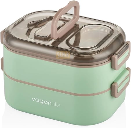 Vagonlife Bento 1000ml Lunchbox Çift Katlı 3 Bölmeli Çelik Sefer Tası Yemek Kutusu (Yeşil)