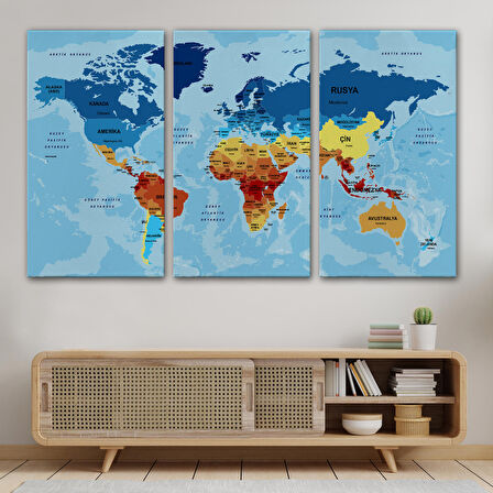 Harita Sepeti Türkçe Dünya Haritası Ülke Başkentli ve Okyanuslu Dekoratif Kanvas Tablo 2194