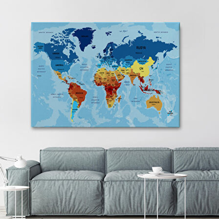 Harita Sepeti Türkçe Dünya Haritası Ülke Başkentli ve Okyanuslu Dekoratif Kanvas Tablo 2194