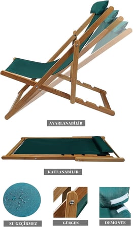 AHŞAP KATLANABİLİR TAŞINIR ŞEZLONG. PLAJ, BAHÇE, TERAS, BALKON ŞEZLONGU. (KREM)