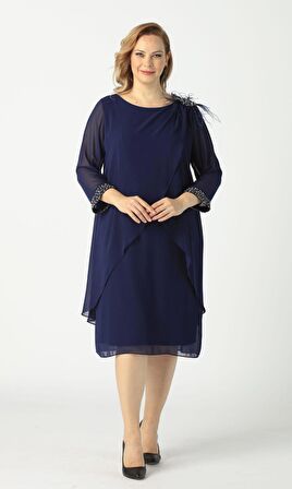 21958 Lacivert Pelerinli Tüylü İşlemeli Büyük Beden Şifon Kısa Abiye Elbise