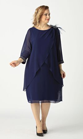 21958 Lacivert Pelerinli Tüylü İşlemeli Büyük Beden Şifon Kısa Abiye Elbise