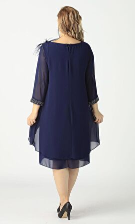 21958 Lacivert Pelerinli Tüylü İşlemeli Büyük Beden Şifon Kısa Abiye Elbise