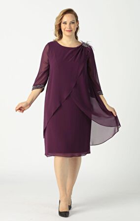 21958 Mürdüm Pelerinli Tüylü İşlemeli Büyük Beden Şifon Kısa Abiye Elbise