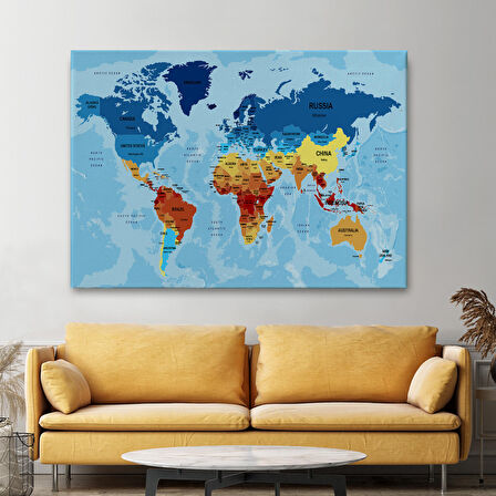 Harita Sepeti Dünya Haritası Ülke Başkentli Okyanuslu ve Dekoratif Kanvas Tablo 2195