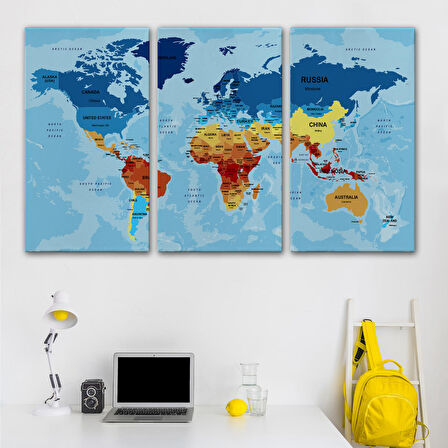 Harita Sepeti Dünya Haritası Ülke Başkentli Okyanuslu ve Dekoratif Kanvas Tablo 2195