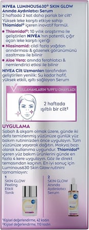 NIVEA Luminous630 Skin Glow Anında Aydınlatıcı Serum, 30 ml, Eşit Cilt Tonu,Nemlendirme,Leke Karşıtı Thiamidol,Niasinamid,Aloe Vera
