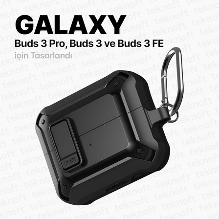 Samsung Galaxy Buds 3 Pro, Buds 3 ve Buds 3 FE ile Uyumlu Mandallı Kapak Kilit Sistemli Mat Dokulu Darbelere Dayanıklı Premium Silikon Kılıf