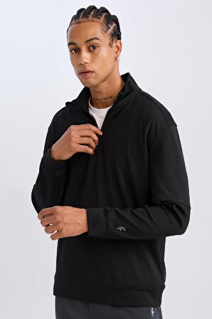 DeFactoFit Standart Fit Dik Yaka Fermuarlı Skuba Dalgıç Kumaş Sporcu Sweatshirt C9172AX24AUBK81