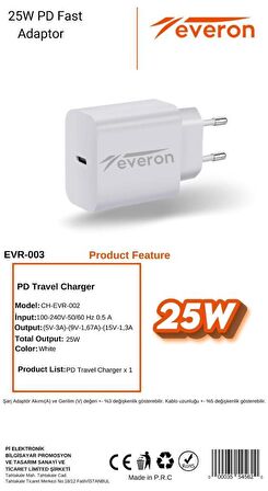 Samsung ve Android Tüm Modeller için Uyumlu 25W Hızlı Şarj Başlığı Type-C Girişli Everon EVR003