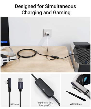 Şarj ile Bağlantı Kablosu 16FT Meta Quest 3S/Quest 3/Oculus Quest 2 Aksesuarlarıyla Uyumlu, Ekstra Şarj Portlu USB 3.0 Bağlantı Kablosu, PC/SteamVR ve Genişletilmiş Oynanış için, Siyah