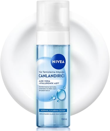 NIVEA Canlandırıcı Yüz Temizleme Köpüğü 150ml, Derinlemesine Temizleme,Karma Normal Cilt, Aloe Vera, Hyaluronik Asit, Ferahlatıcı