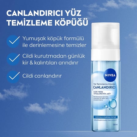 NIVEA Canlandırıcı Yüz Temizleme Köpüğü 150ml, Derinlemesine Temizleme,Karma Normal Cilt, Aloe Vera, Hyaluronik Asit, Ferahlatıcı