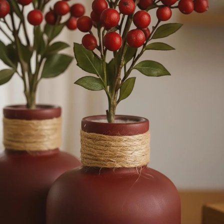 Hasır İpli Bordo Vazo Seti 2’li – 11 cm El Yapımı Taş Tozu Vazo, Pampas ve Kuru Çiçek için Boho &amp; Rustik Ev Dekoru