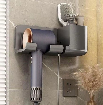 Saç Kurutma Makinesi Tutucu Banyo Organizeri: Duvara Monte Edilebilir, Pratik Depolama Çözümü (Antrasit)