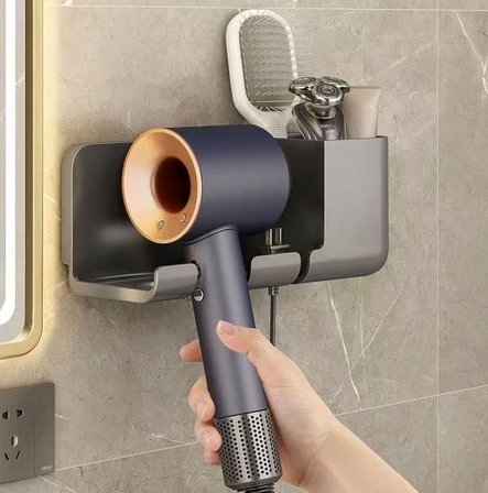 Saç Kurutma Makinesi Tutucu Banyo Organizeri: Duvara Monte Edilebilir, Pratik Depolama Çözümü (Antrasit)