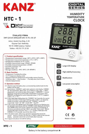 KANZ HTC-1 Dijital Termometre ve Nem Ölçer | Saat, Alarm, Takvim ve Hafıza Özellikli