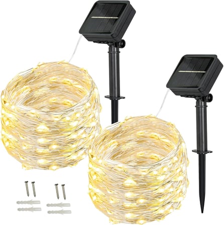 Solar Peri Işıkları Dış Mekan, [2'li Paket] 100 LED'ler Peri Işıkları Dış Mekan Güneş 10 Metre 8 Mod Dış Mekan Telli Işıklar Düğün, Parti ve Noel, Bahçe Dekorasyonu Binası Aydınlatma Dış Mekan (Sıcak Beyaz)