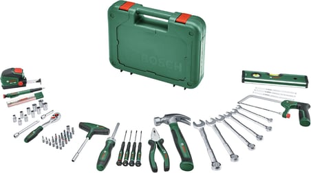Bosch Alet seti 64 parça (çok yönlü, ergonomik aletler, yüksek kaliteli malzemelerden; pense; İngiliz anahtarı; tornavida; cırcır; ölçüm aletleri; testere; çekiç; derin delik markörü)
