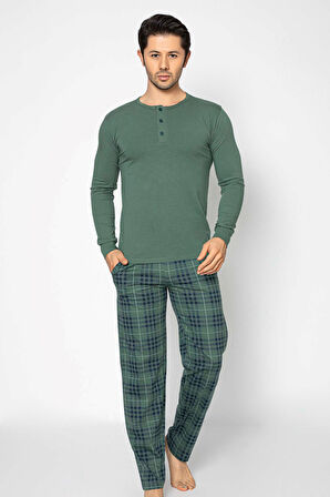 Erkek 3 Düğmeli Ekose Desenli Pamuk Likra Mevsimlik Modal Uzun Kol Manşetli Cepli Pijama Takımı
