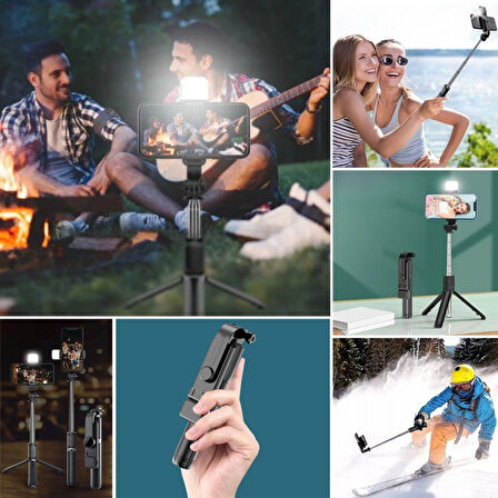 By Nevser® Kendiliğinden Işıklı Masaüstü Tripod Olabilen Telefon Tutuculu Kablosuz Kumandalı Selfie Çubuğu