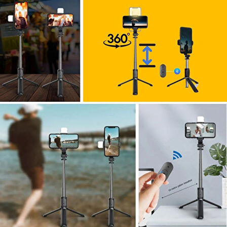 By Nevser® Kendiliğinden Işıklı Masaüstü Tripod Olabilen Telefon Tutuculu Kablosuz Kumandalı Selfie Çubuğu