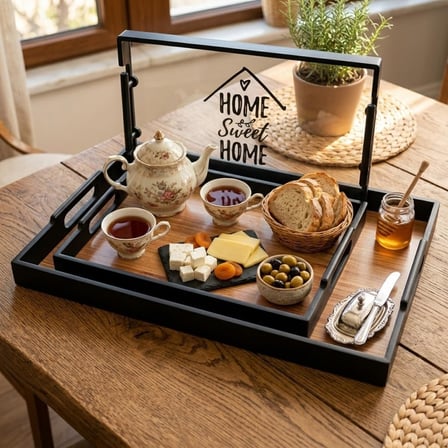 DEİNHAUS Dekoratif Servis Tepsisi Seti, Ahşap Desenli, Siyah Çerçeveli, 2'li Set, 35x25 cm ve 31x21 cm, Mutfak ve Cafe Temalı