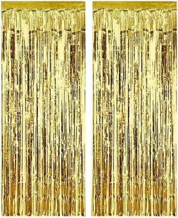2 Adet 45 cm × 200 cm Metalize Arka Fon Kapı Perdesi Püsküllü Fon Süsü Gold