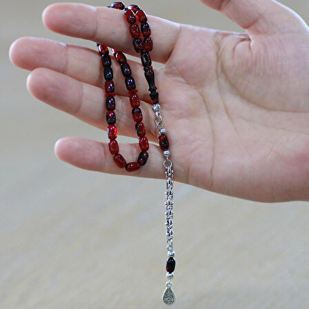 Kararmaz Metal Arnavut Püsküllü Kapsül Kesim Kırmızı-Siyah Bilek Boy Ateş Kehribar Tesbih