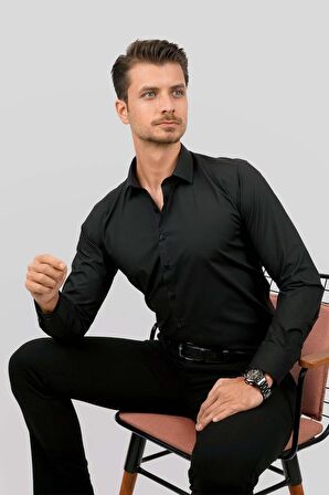 Kolay Ütülenebilir Dakron Düz Siyah Slimfit Gömlek