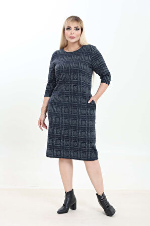 Çift Cepli Desenli Esnek Kışlık Büyük Beden Midi Elbise 21A-2760