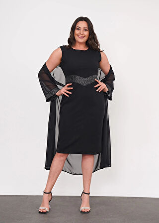 Büyük Beden Bisiklet Kol Detaylı Midi Boy İkili Abiye Elbise