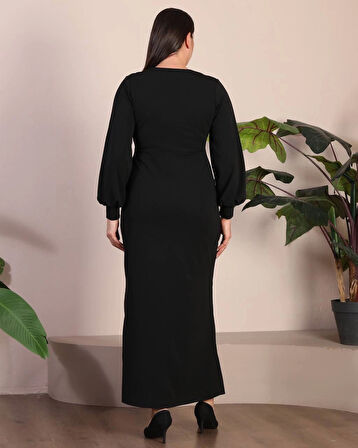 Büyük Beden Kruvaze Yaka Yırtmaçlı Uzun Kol Düğmeli Tam Boy Abiye Elbise
