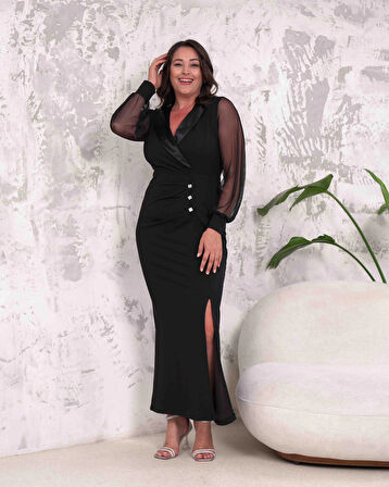 Büyük Beden Kruvaze Yaka Yırtmaçlı Kol Tüllü Düğmeli Tam Boy Abiye Elbise