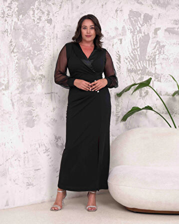 Büyük Beden Kruvaze Yaka Yırtmaçlı Kol Tüllü Düğmeli Tam Boy Abiye Elbise