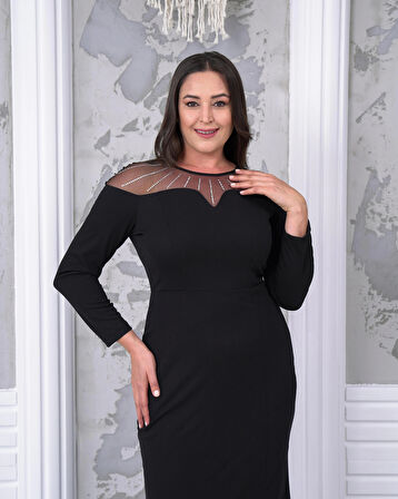 Büyük Beden Yaka Tül Detaylı Yırtmaçlı Uzun Kol Tam Boy Abiye Elbise