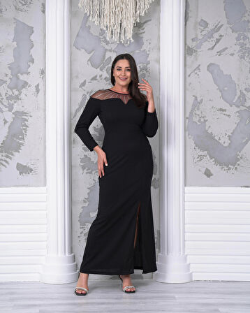 Büyük Beden Yaka Tül Detaylı Yırtmaçlı Uzun Kol Tam Boy Abiye Elbise