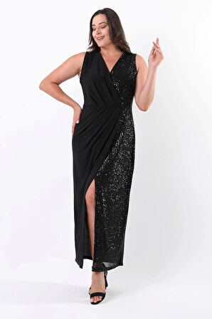 Büyük Beden Kruvaze Yaka Yırtmaçlı Yarım Pullu Tam Boy Abiye Elbise