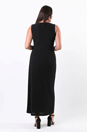 Büyük Beden Kruvaze Yaka Yırtmaçlı Yarım Pullu Tam Boy Abiye Elbise